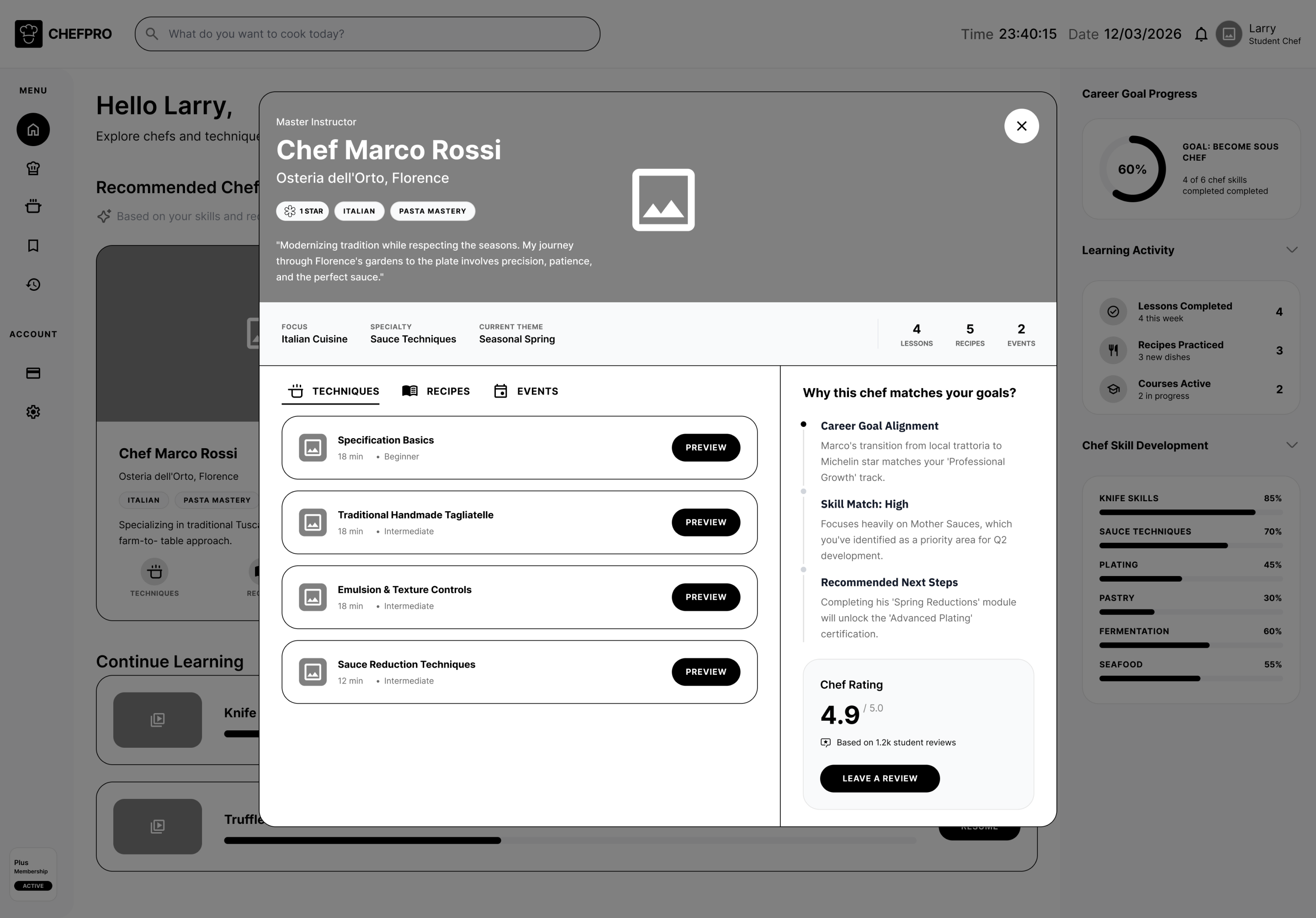 ChefPro mid-fidelity chef profile modal with techniques, recipes and events ChefPro mid-fidelity chef profile modal with techniques, recipes and events