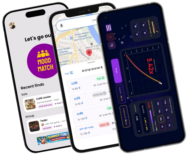 Mood Match, ParkAlot and Casino Platform mobile interfaces