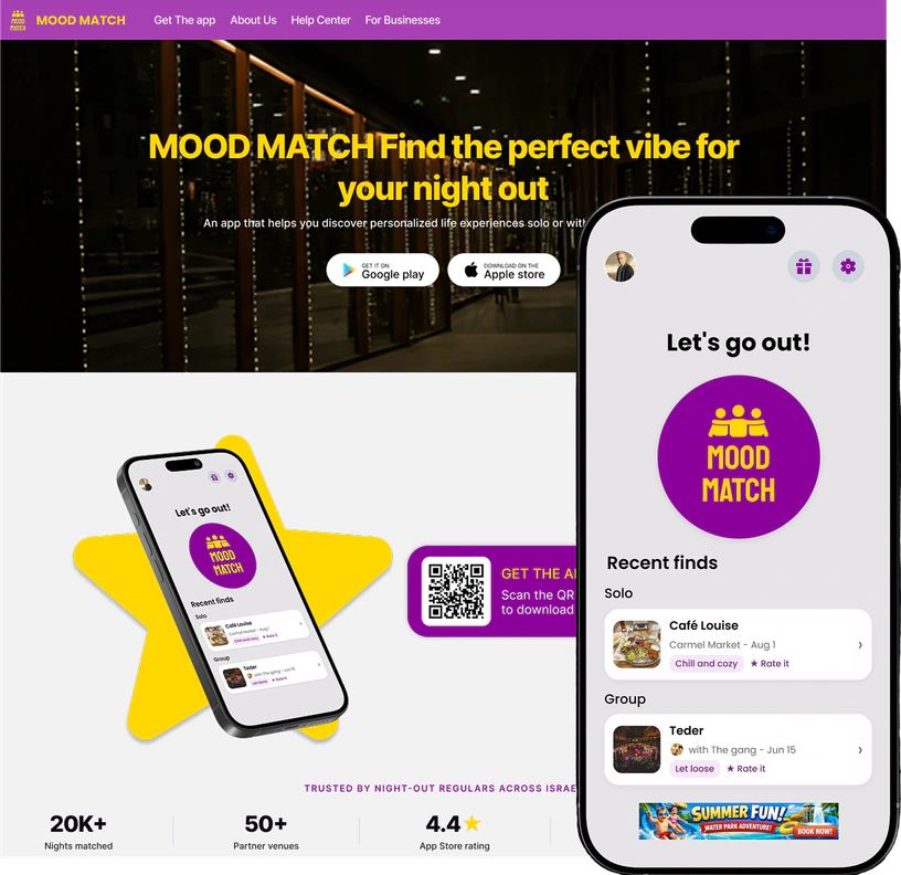Mood Match nightlife landing page and phone mockup showing recent finds at Café Louise and Teder