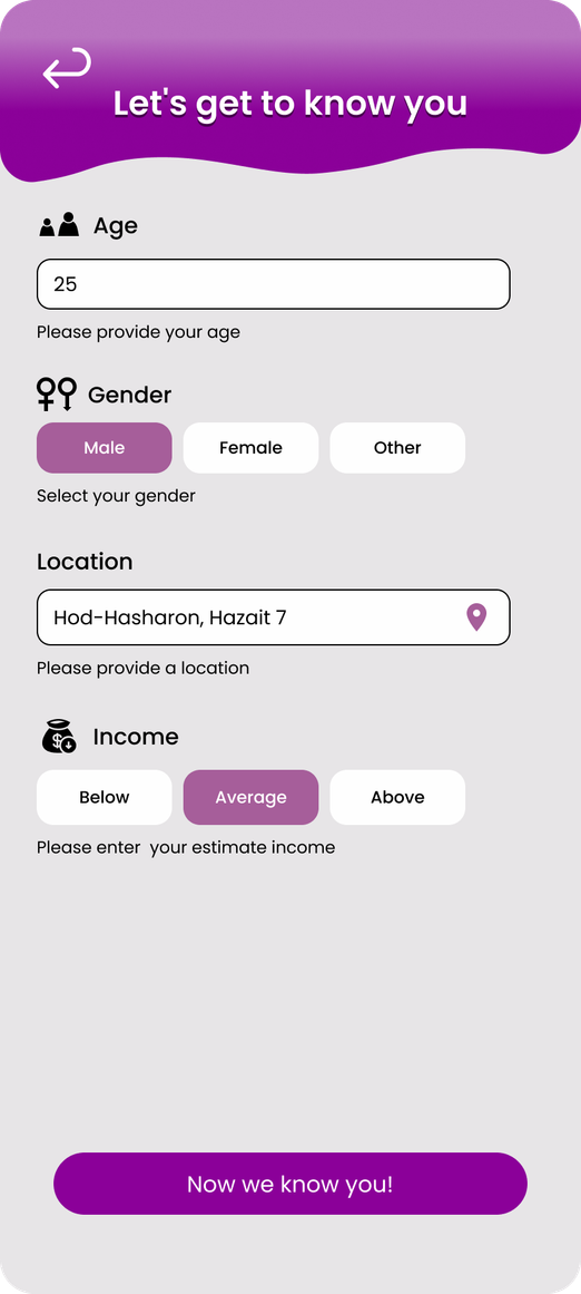 Mood Match demographics screen
