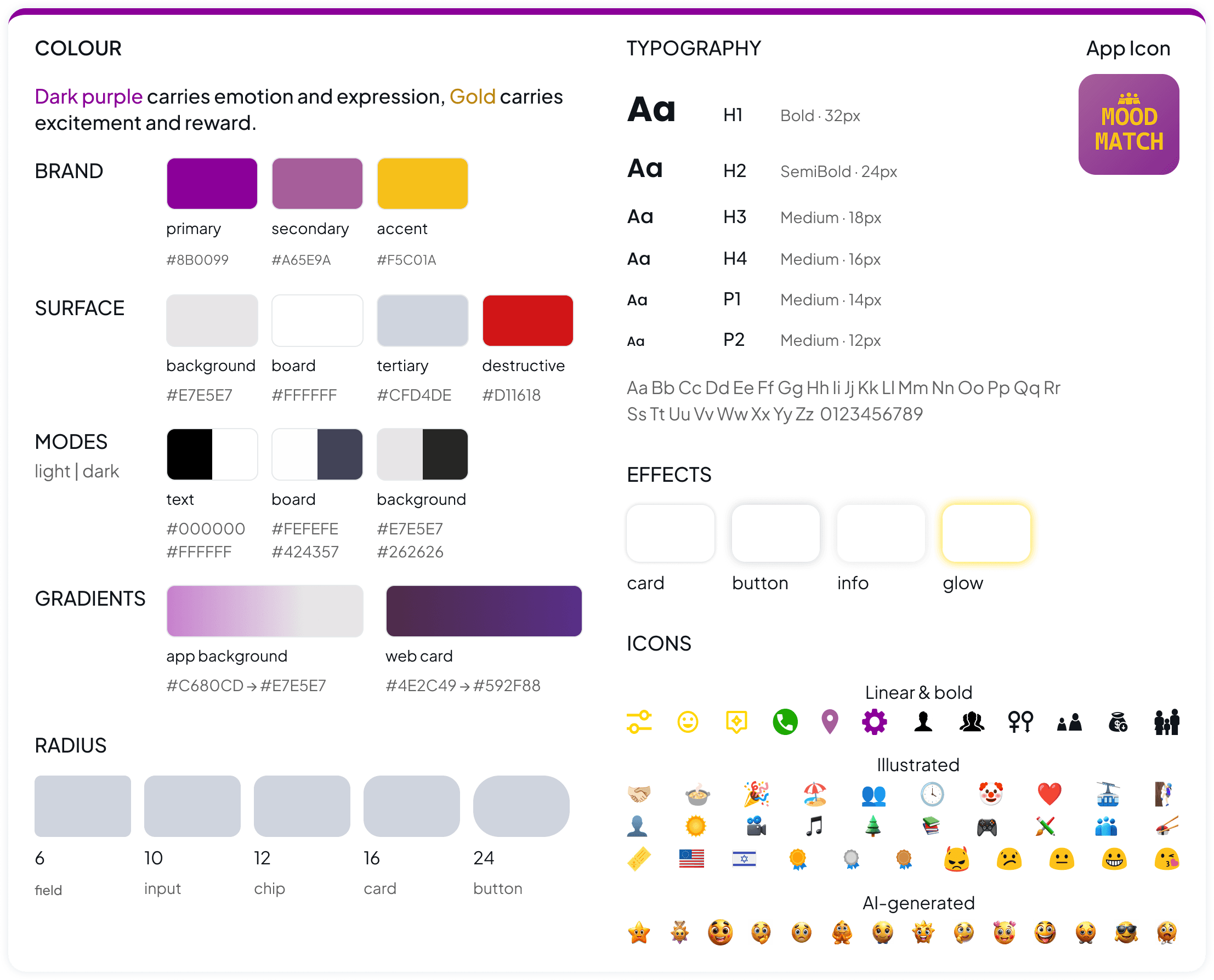Mood Match color, typography, effects and icon design system Mood Match color, typography, effects and icon design system