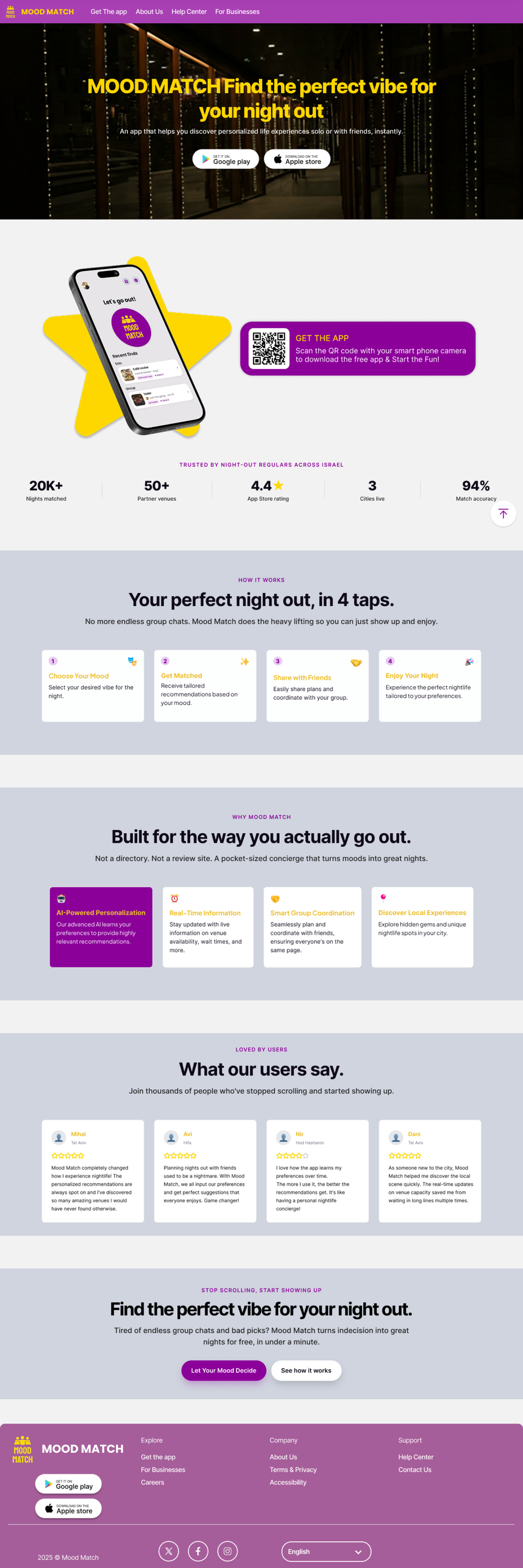 Mood Match finished landing page with personalized night-out recommendations