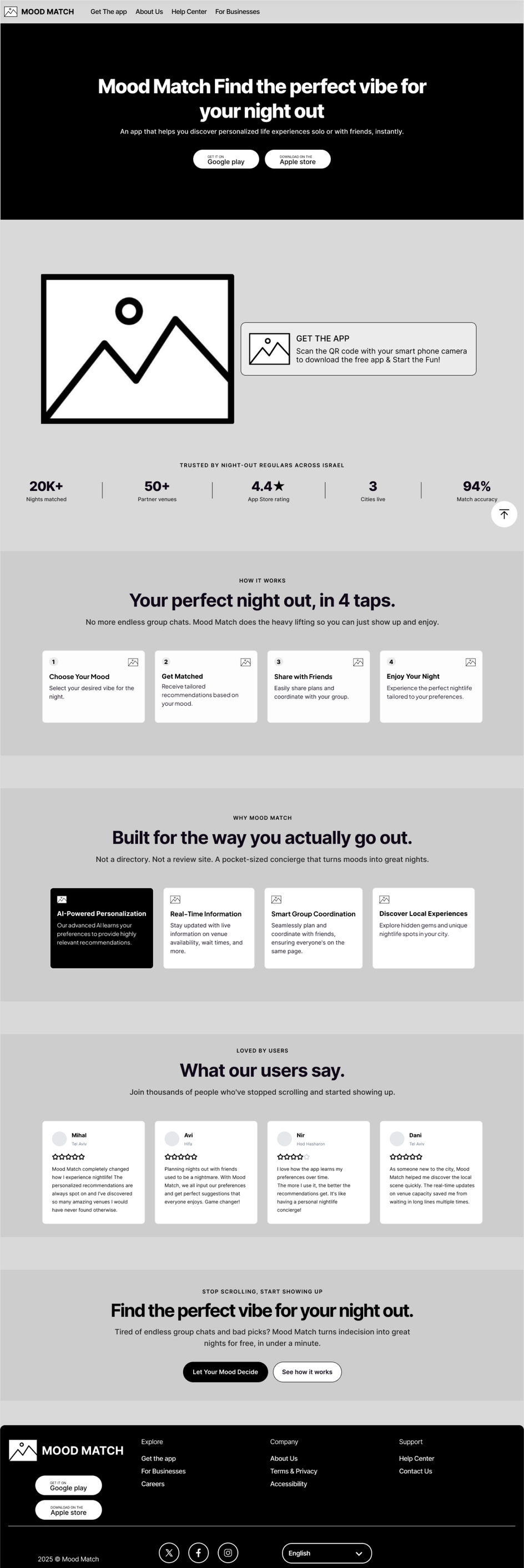 Mood Match landing page low-fidelity wireframe